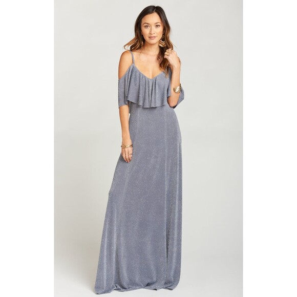 NWT SHOW ME YOUR MUMU Renee Ruffle Maxi Gray Bridesmaid Dress Gown Size M - Picture 1 of 5